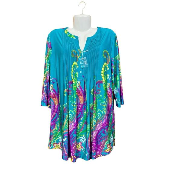 Serengeti Tops - Serengeti Women's Colorful Paisley Button Front 3/4 Sleeve Tunic Top | SZ L NWOT